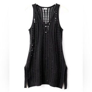 Cha Cha Black Open Knit Sleeveless Boho Beach Cover Up Layering Tunic Dress M